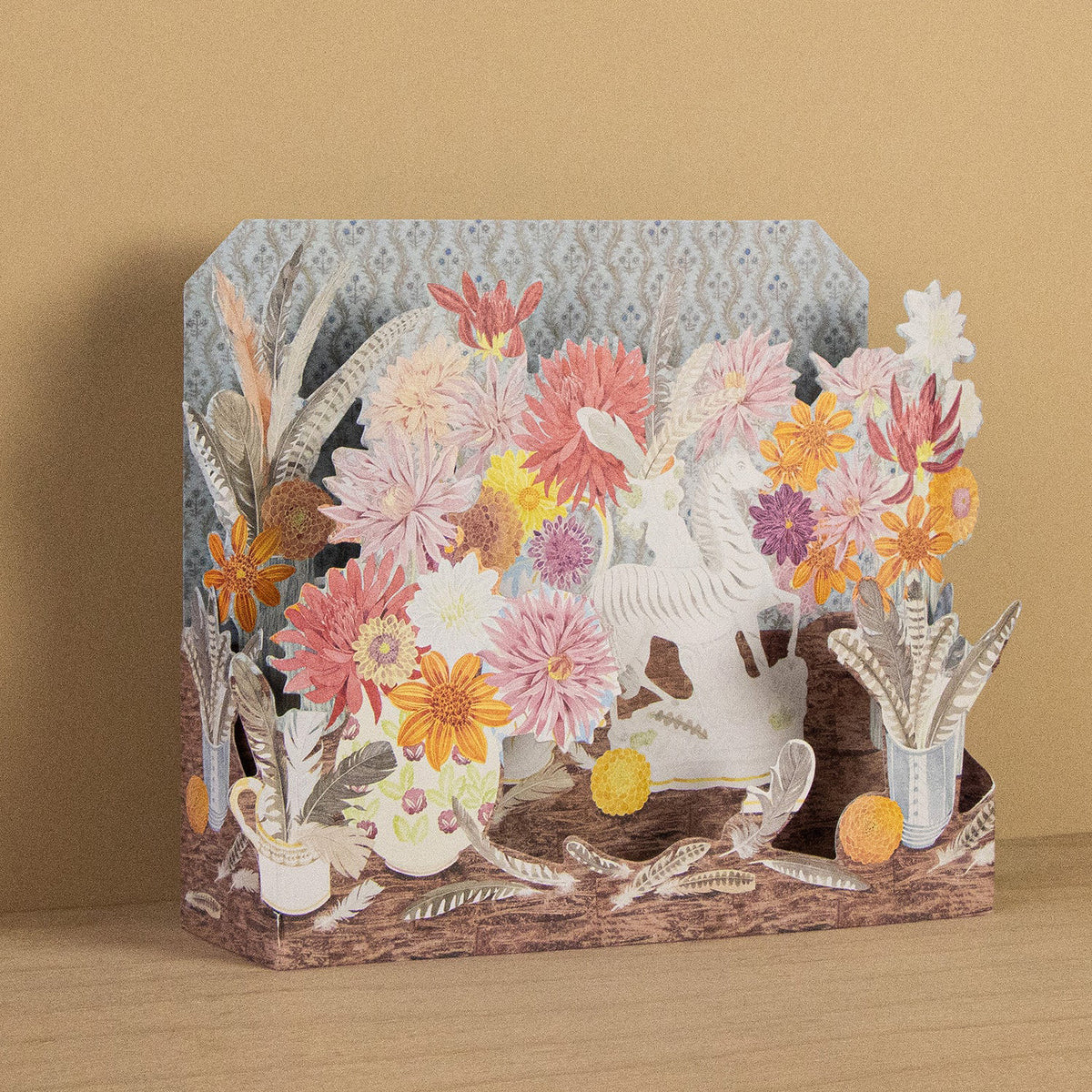 Zebra, Dahlias and Feathers 3D Die-Cut Card - Angie Lewin - St. Jude's Prints