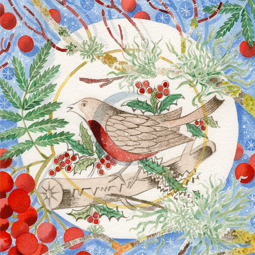 'Winter Bird and Berries' Christmas Card - pack of 6 cards - Angie Lewin - St. Jude's Prints