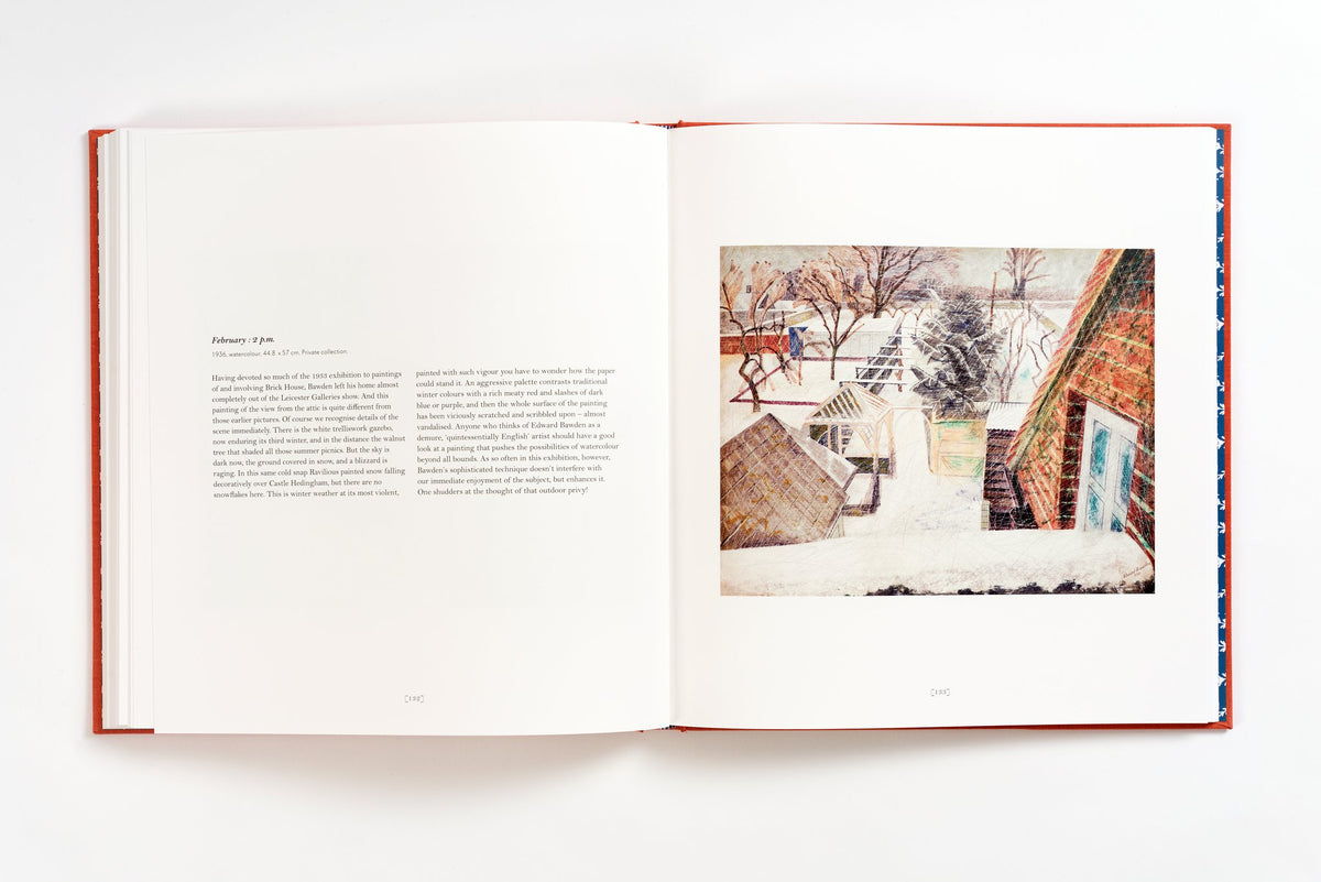 Spread with a Bawden watercolour of snow-covered rooftops and garden walls