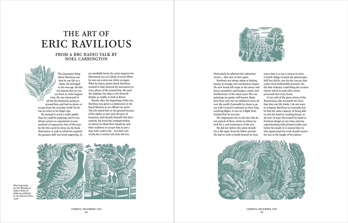 Spread reprinting Noel Carrington's BBC radio talk on Eric Ravilious, with wood engravings
