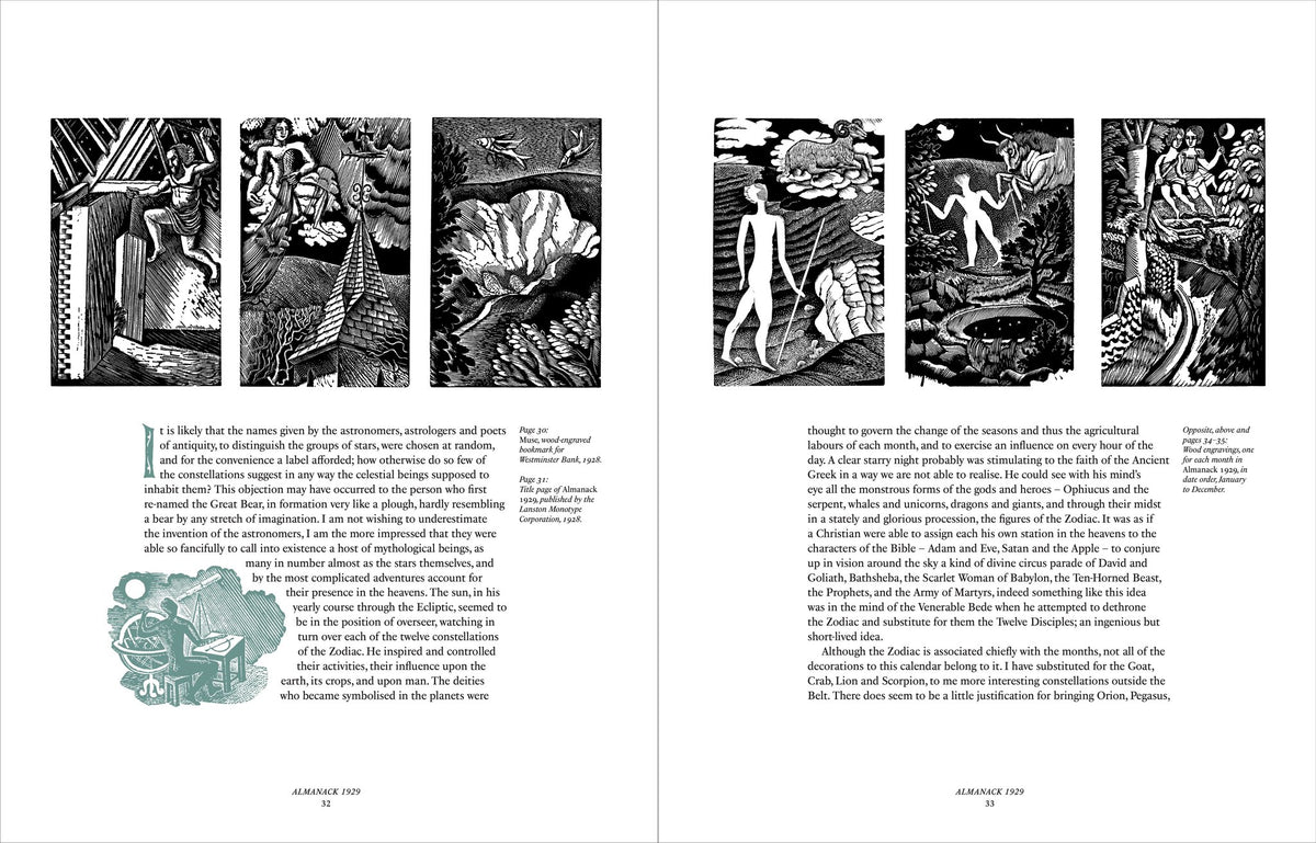 Pages of Eric Ravilious wood engravings with accompanying commentary