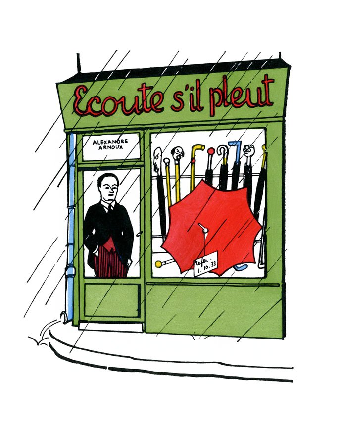 Alexandre Arnoux's umbrella shop, Écoute s'il pleut, in the rain, by Henri Guilac