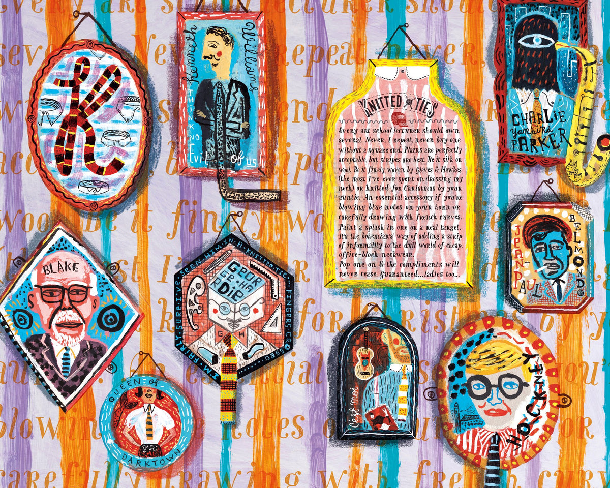Jonny Hannah's letter K, with framed portraits on striped wallpaper