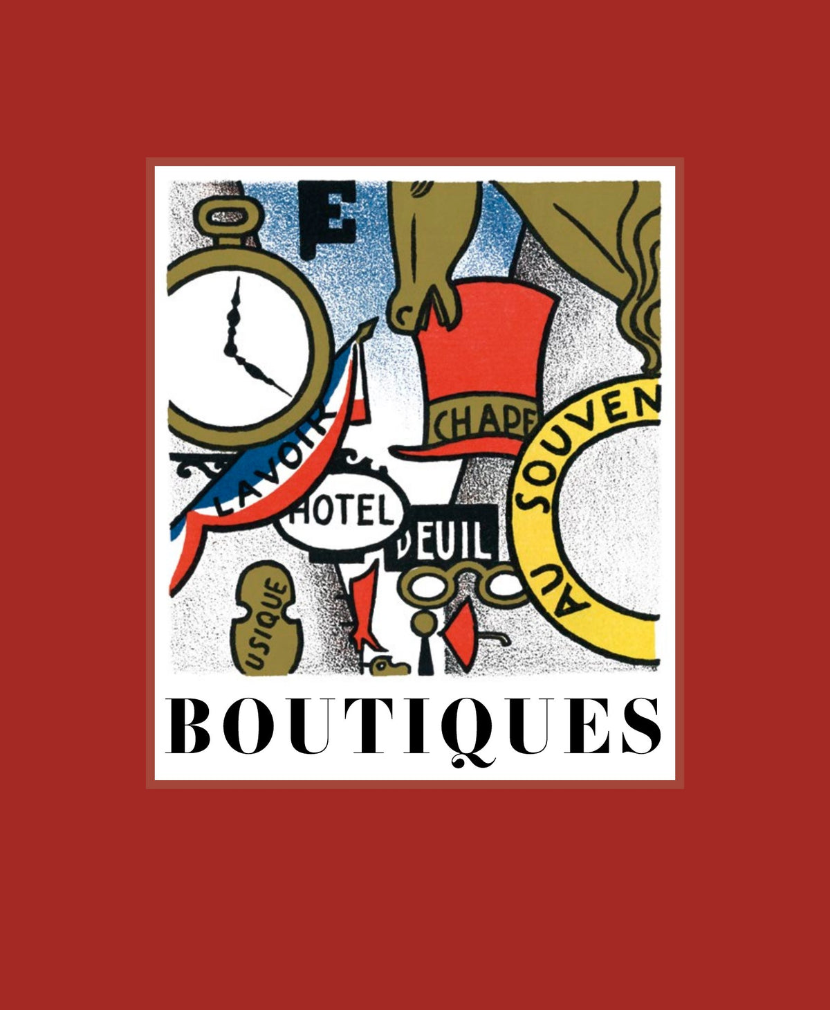 Boutiques by Lucien Boucher, red cloth binding with a pasted pictorial label