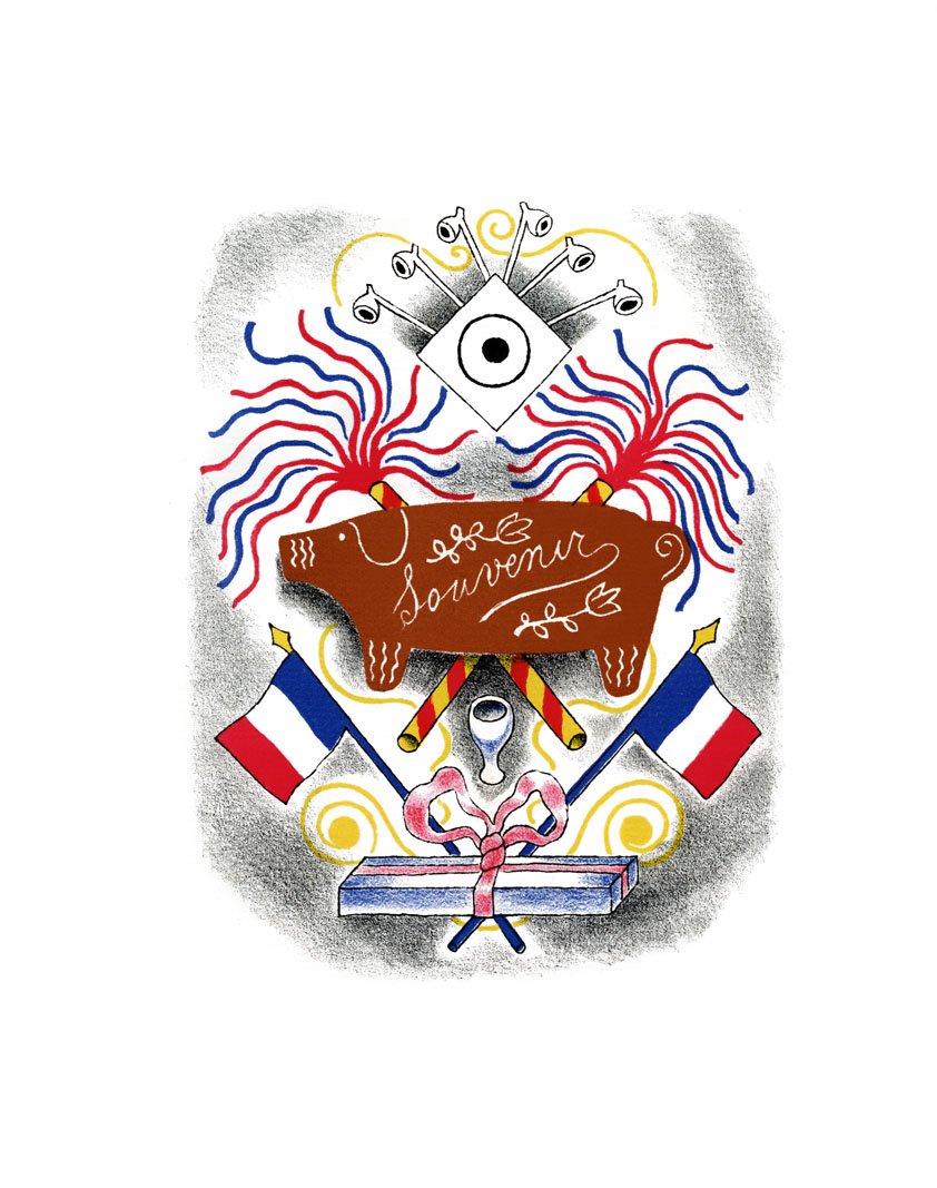 Souvenir title-page design with tricolour flags and fireworks