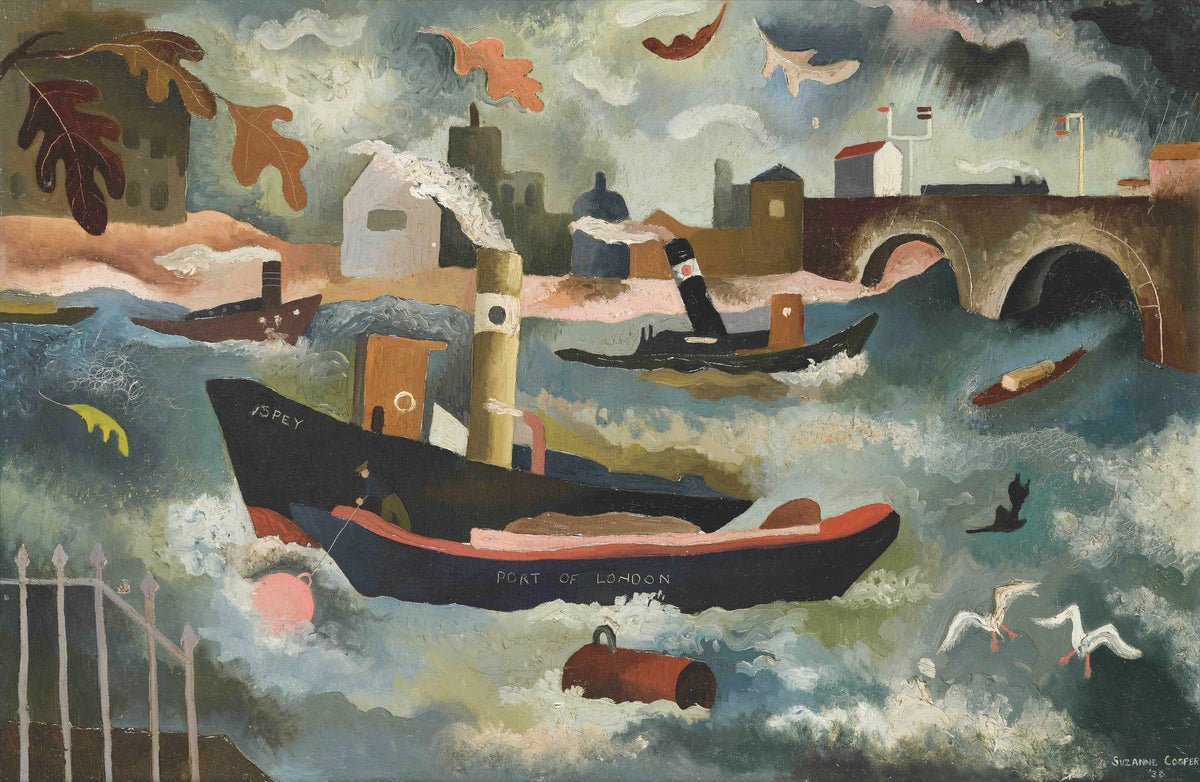 Thames in October, 1936 oil painting by Suzanne Cooper of tugs on a choppy river