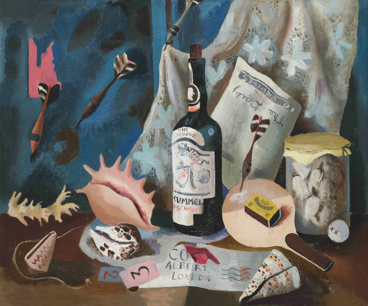 Still Life with Darts, oil on canvas by Suzanne Cooper, with a bottle, conch shell and dartboard