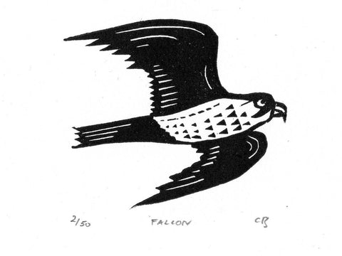 black white linocut of falcon by Christopher Brown