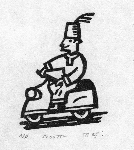 black white linocut of man on scooter
