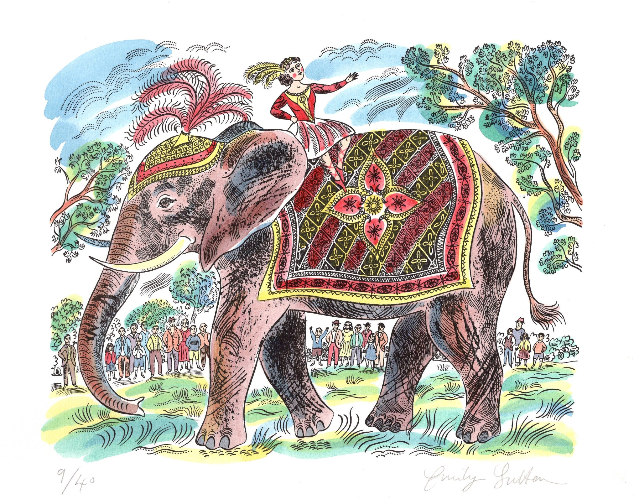 Colourful print of girl sitting ontop of plumed elephant with tress and a crowd in the background