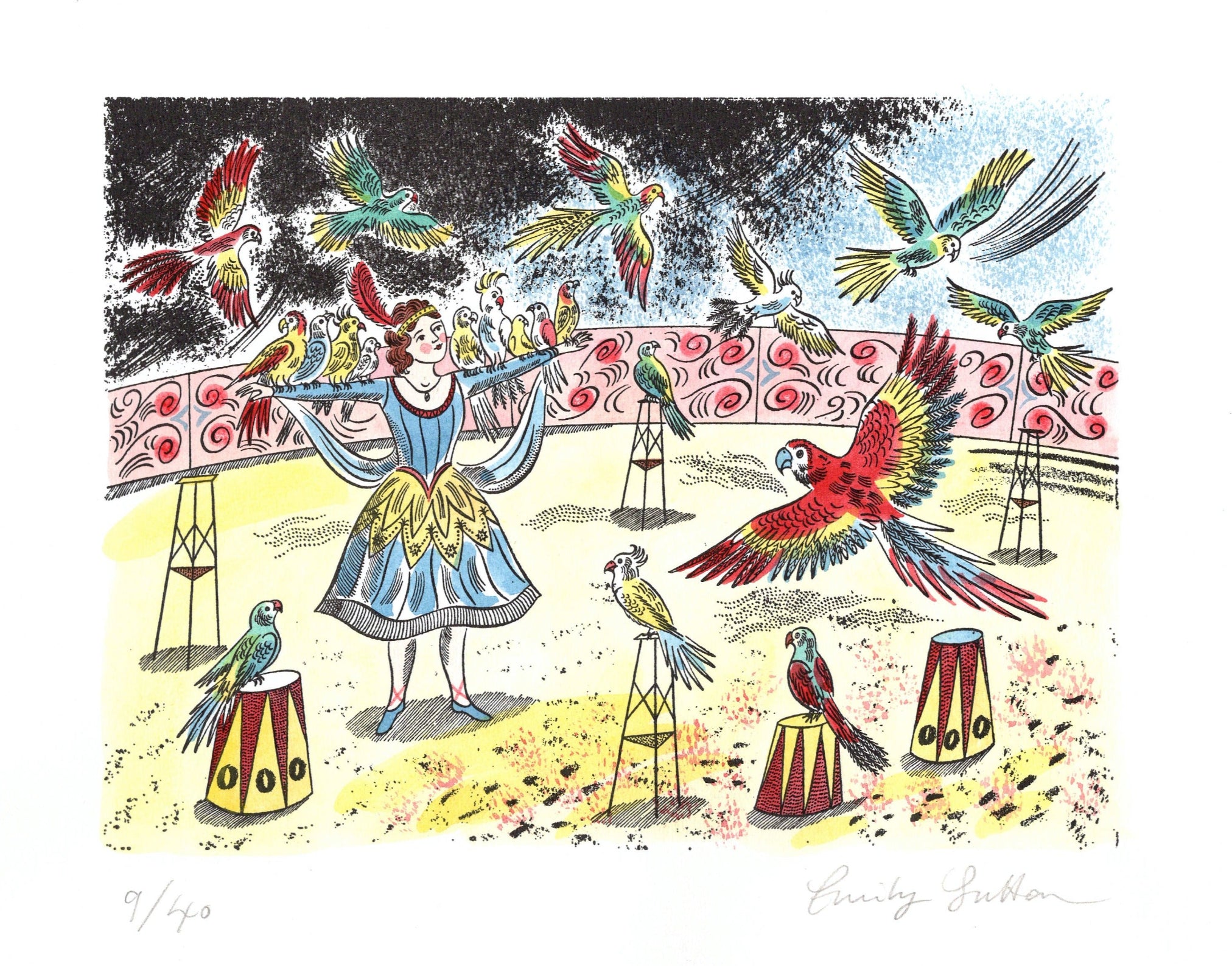 colourful print if circus girl performing with parrots 