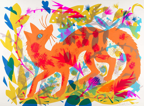 Colorful abstract artwork with a fox-like creature and floral elements