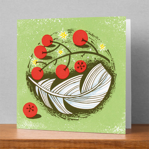 Angie Lewin 'Berries and Feather' Christmas Card - pack of 6 cards