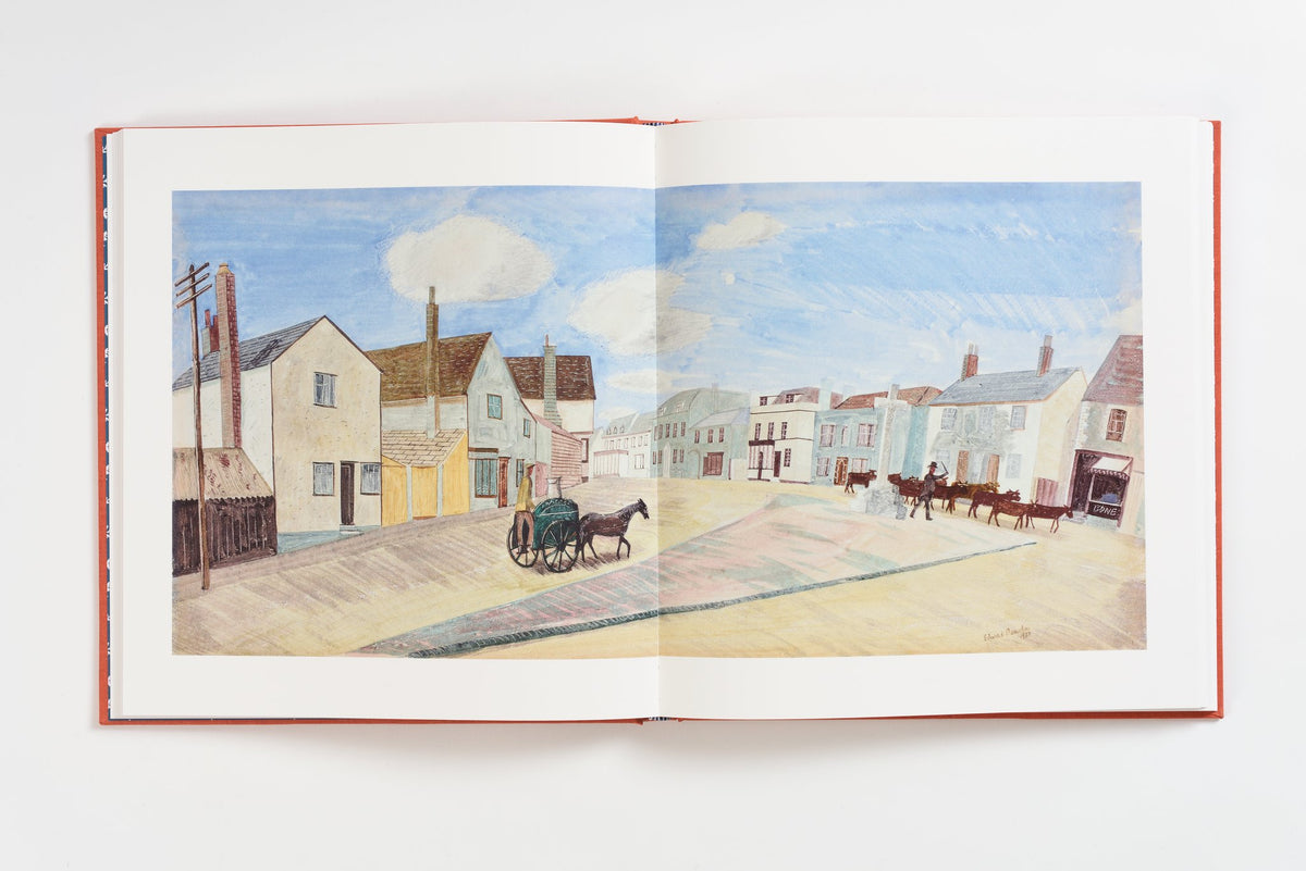 Double-page Edward Bawden watercolour of a village street with a horse-drawn cart