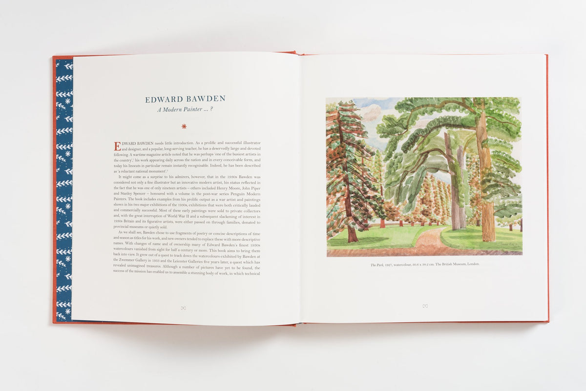James Russell's essay opening, facing a Bawden watercolour of tall parkland trees