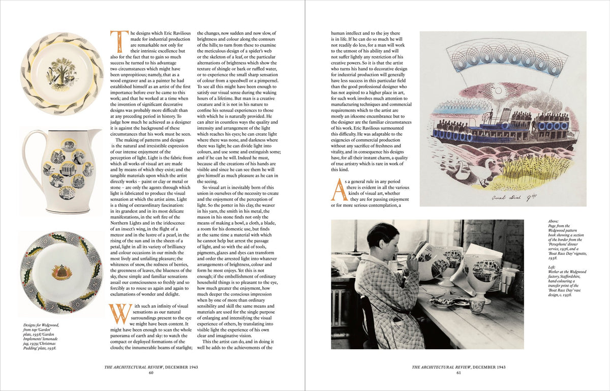 Spread on Ravilious's Wedgwood ceramics, with plates, a mug and a period photograph