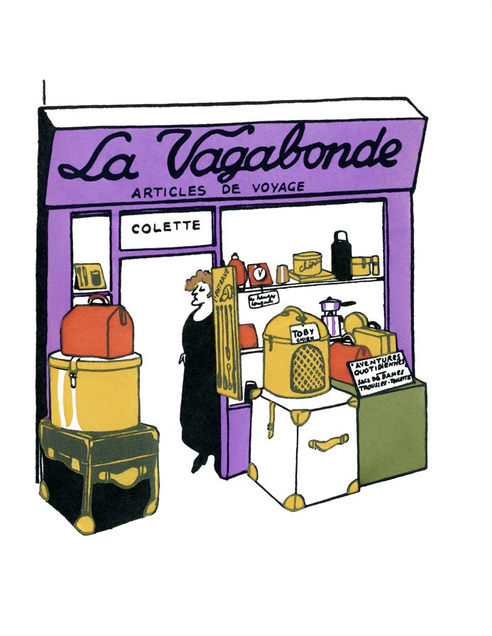 Colette as proprietor of La Vagabonde, a luggage shop, by Henri Guilac