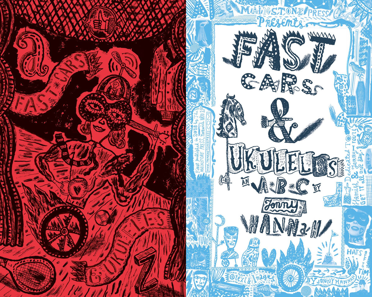 Spread with Jonny Hannah's blue and white hand-lettered title page