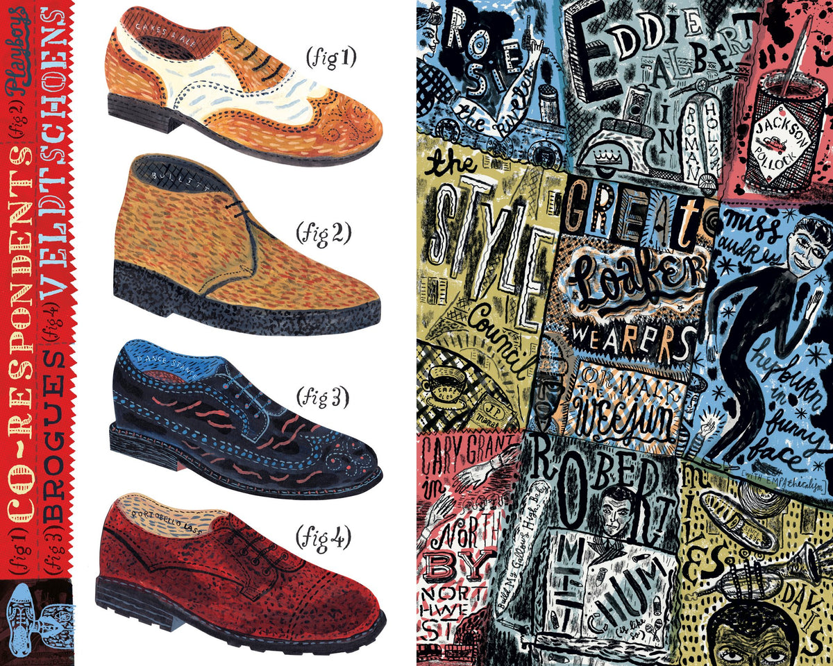 Spread of illustrated brogues and lettering from Jonny Hannah's A to Z