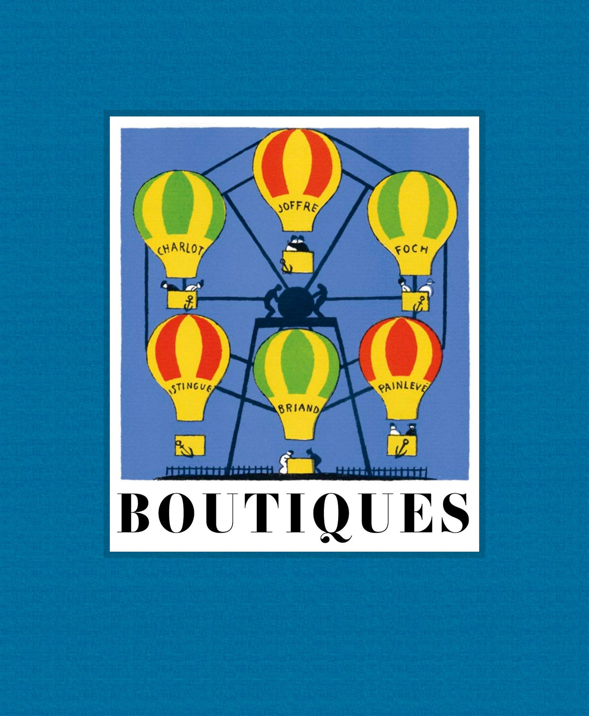 Boutiques de la foire by Lucien Boucher, blue cloth binding with a hot-air balloon ride label