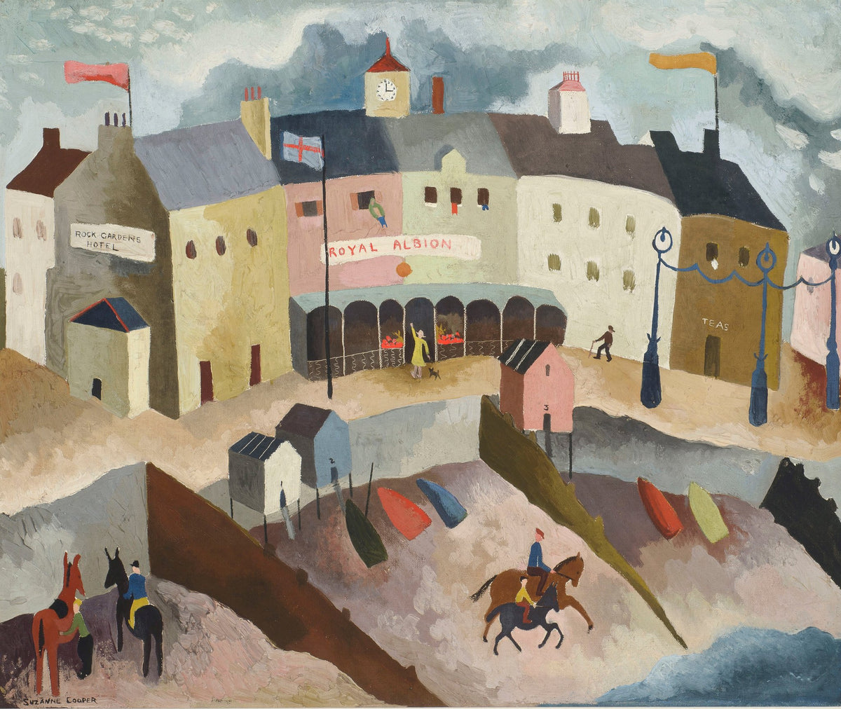 Suzanne Cooper painting of the Royal Albion hotel, with riders on the sands below