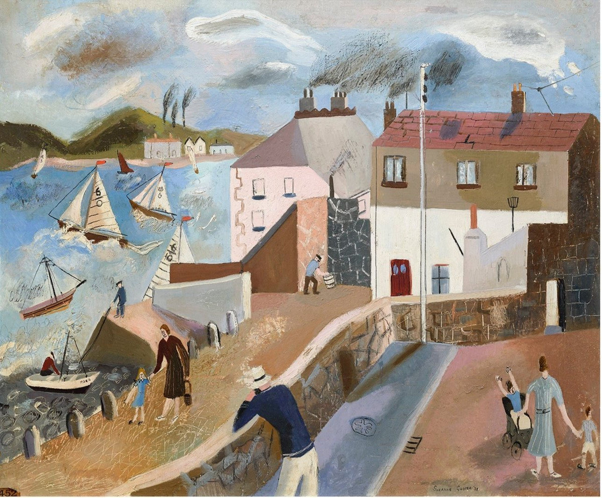 Suzanne Cooper's harbourside view of Appledore, with sailing boats and figures on the quay