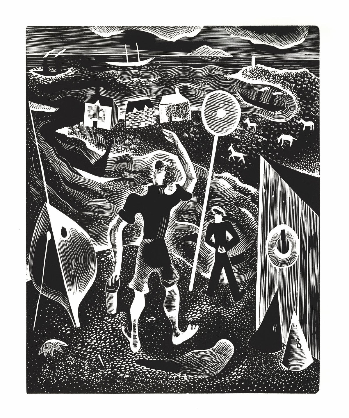 Brightlingsea, a black-and-white print by Suzanne Cooper of figures on the shore